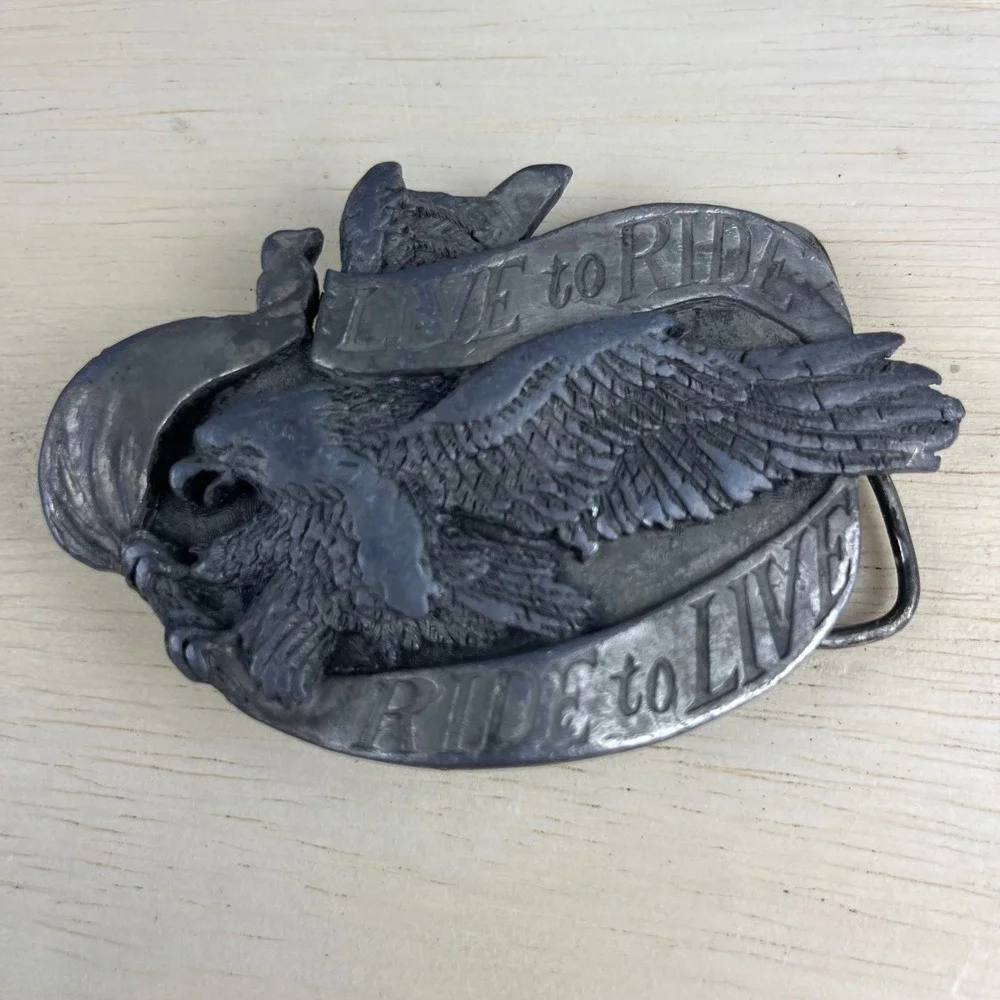 Vintage 1981 Bergamo Brass Works Live to Ride Eagle Belt Buckle Made in USA
